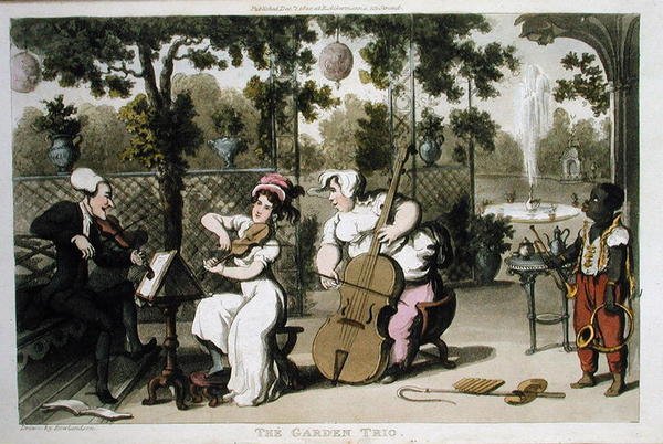A Garden Trio, William Combe „The Tour of Dr Syntax in search of the festői” című művéből, 1812-ben (akvatinta) alkotó: Thomas Rowlandson