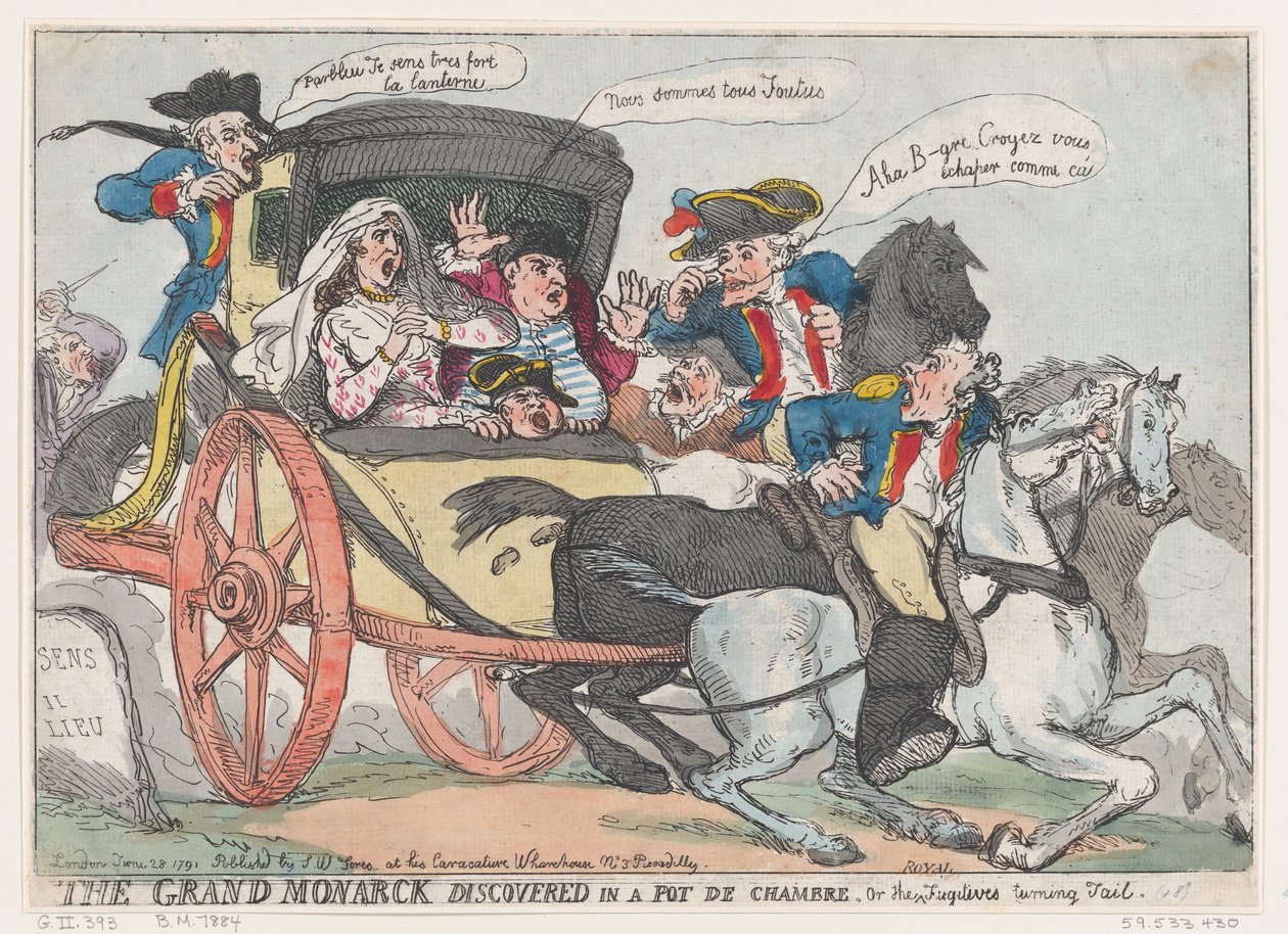 A nagy uralkodó, akit felfedeztek egy fazékban, avagy The Fugitives Turning Tale, ..., 1791. június 28. alkotó: Thomas Rowlandson