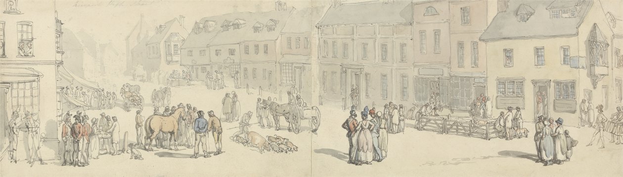 The High Street on Market Day, Newport, Isle of Wight, 1797-1800 körül (toll, tinta és WC papíron) alkotó: Thomas Rowlandson