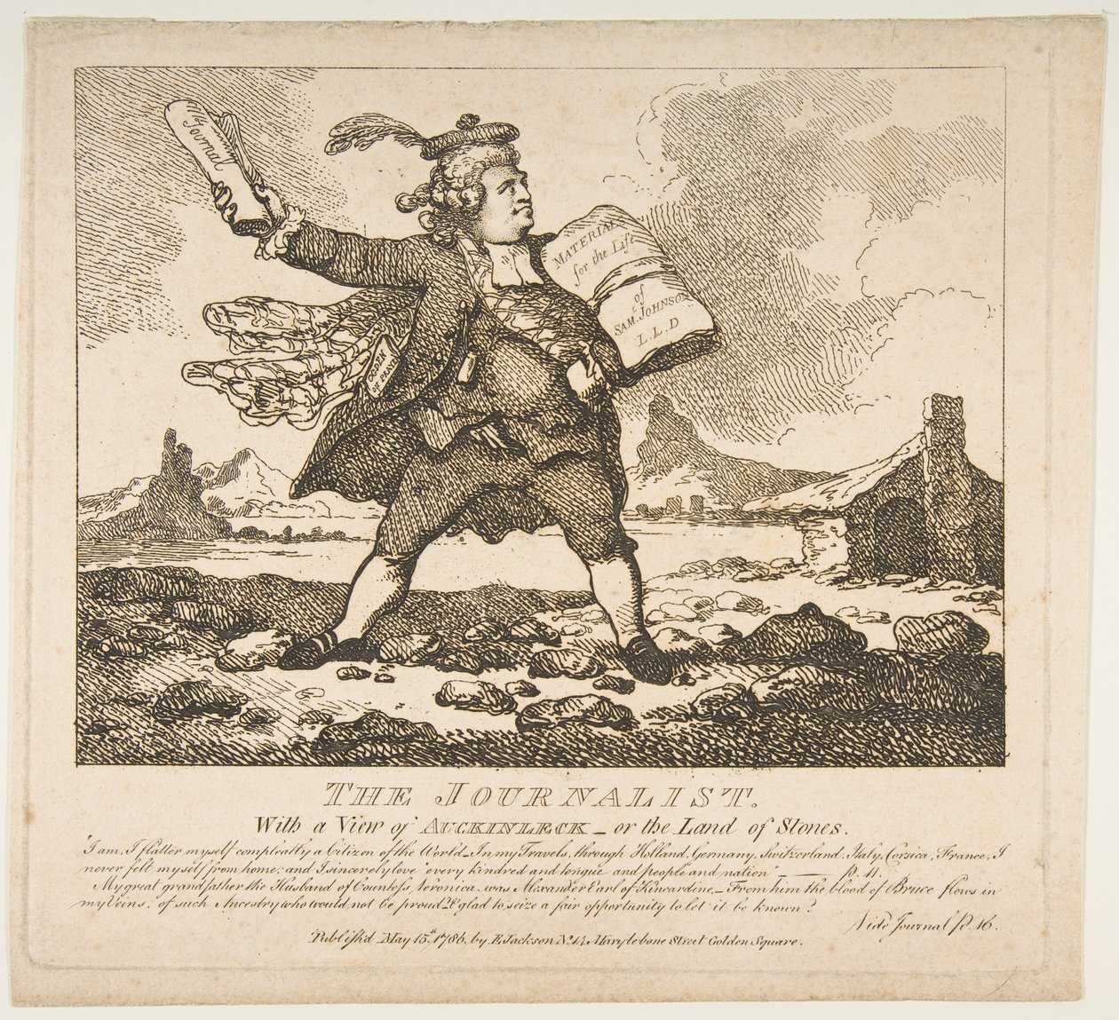Az újságíró, kilátással Auchinleckre – avagy a kövek országára, festői szépségre..., 1786. május 15. alkotó: Thomas Rowlandson