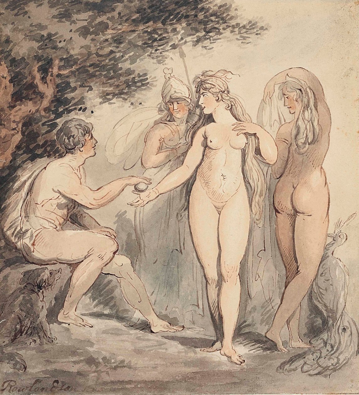 A párizsi ítélet, aláírva "Rowlandson" (balra lent) toll, barna tinta és akvarell, 7 ¼ x 6 ¾ in. (18,4 x 17,2 cm). alkotó: Thomas Rowlandson