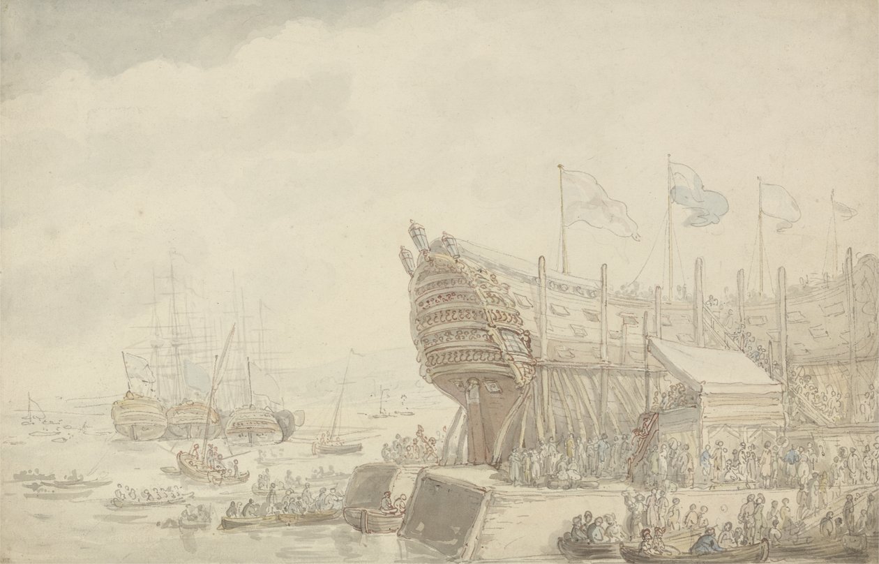 A H.M.S. „Hibernia” Devonportban, 1804 körül (toll, tinta és akvarell papíron) alkotó: Thomas Rowlandson