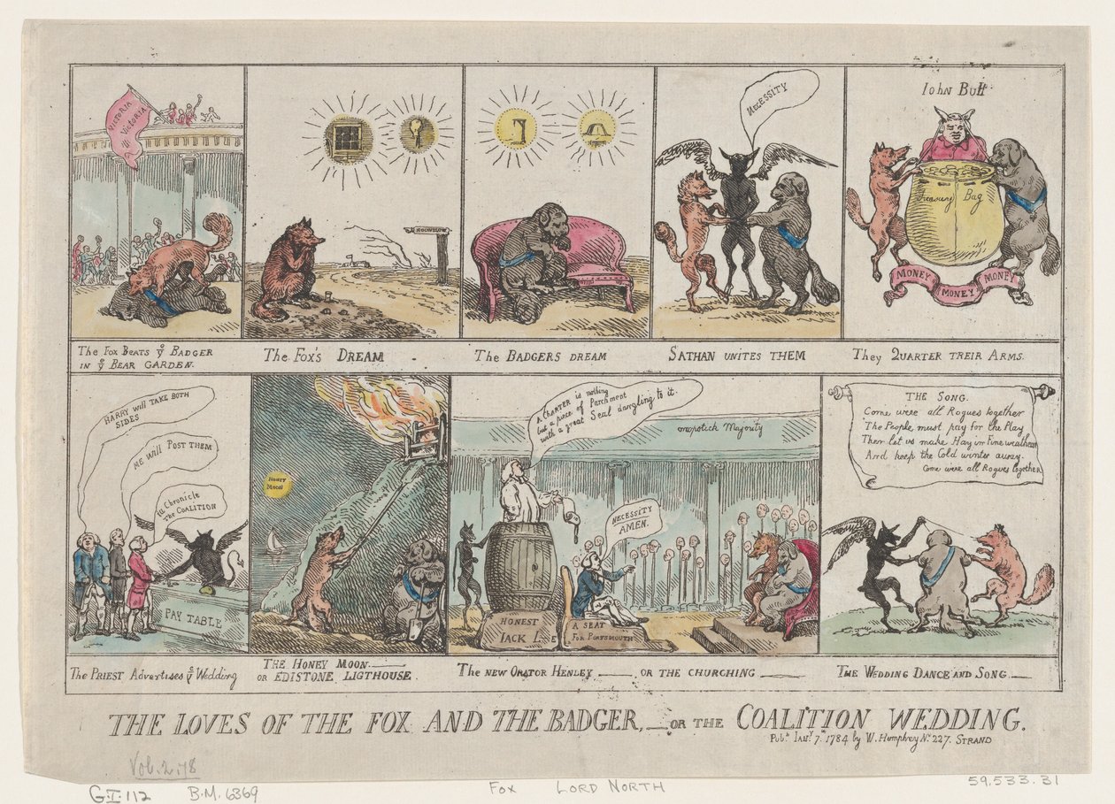 A róka és a borz szerelmei, avagy A koalíciós esküvő. , 1784. január 7., 1784. január 7. alkotó: Thomas Rowlandson