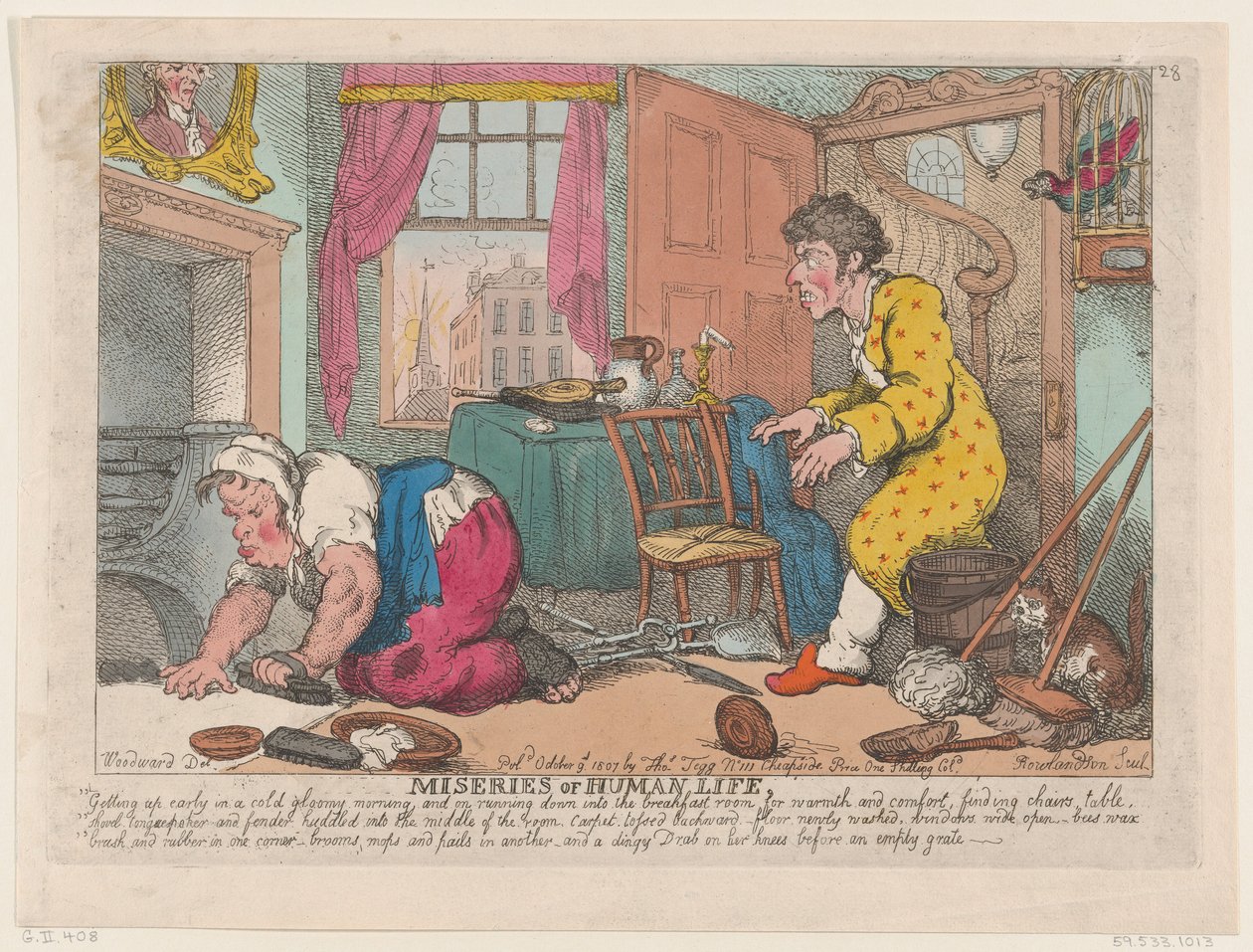Az emberi élet nyomorúságai: korán kelni egy hideg, borongós reggelen...előtt, 1807. október 9. alkotó: Thomas Rowlandson