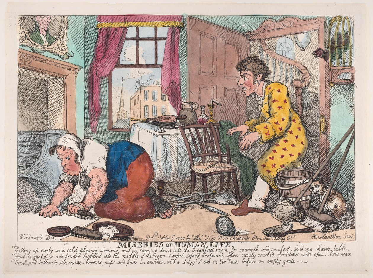 Az emberi élet nyomorúságai: korán kelni egy hideg, borongós reggelen...előtt, 1807. október 9. alkotó: Thomas Rowlandson