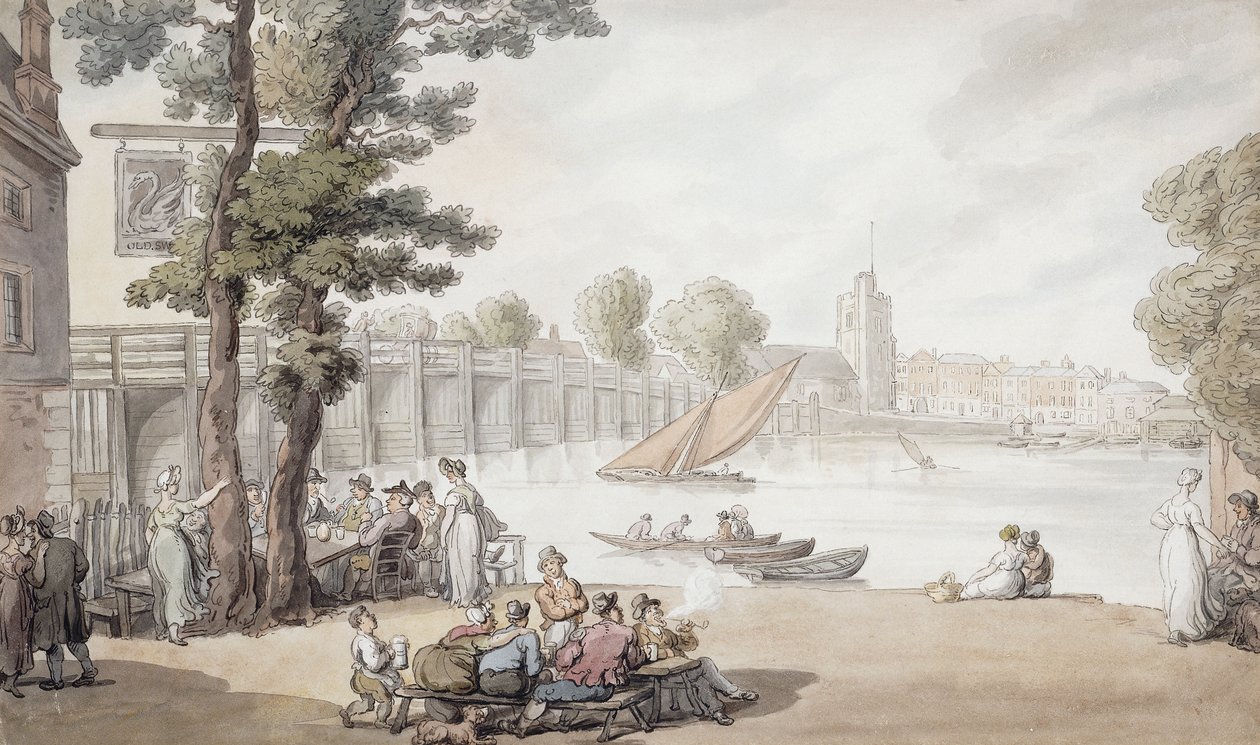 Az Old Swan Inn, kilátással a Putney-hídra, alkotó: Thomas Rowlandson