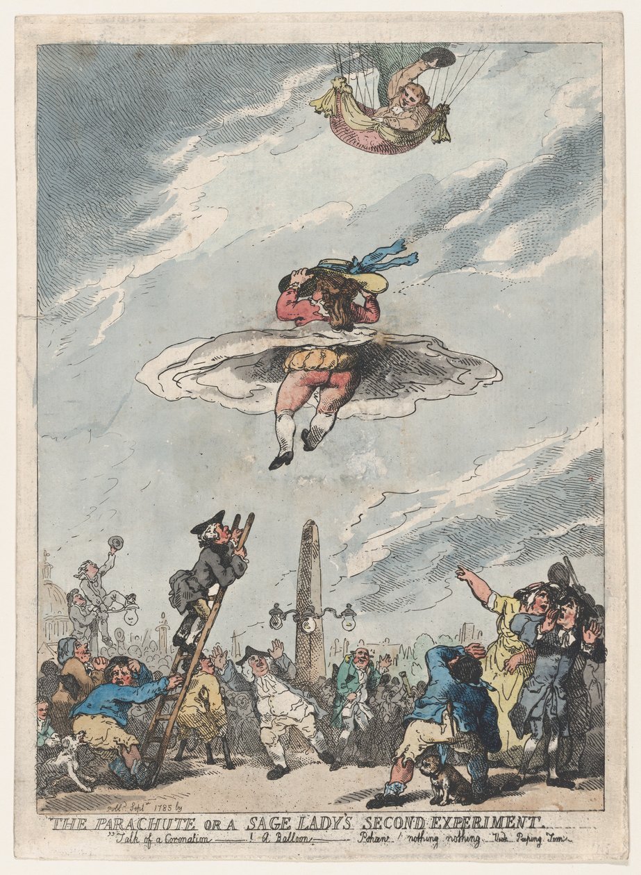 Az ejtőernyő vagy a bölcs hölgy második kísérlete, 1785. szeptember, 1785. szeptember. alkotó: Thomas Rowlandson