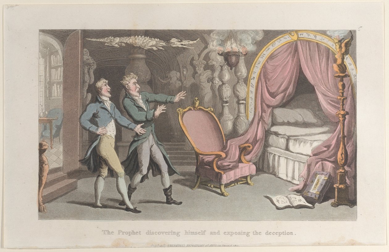 A próféta felfedezi önmagát és leleplezi a megtévesztést, a Journal of Sentimental T..., 1821-ből. alkotó: Thomas Rowlandson