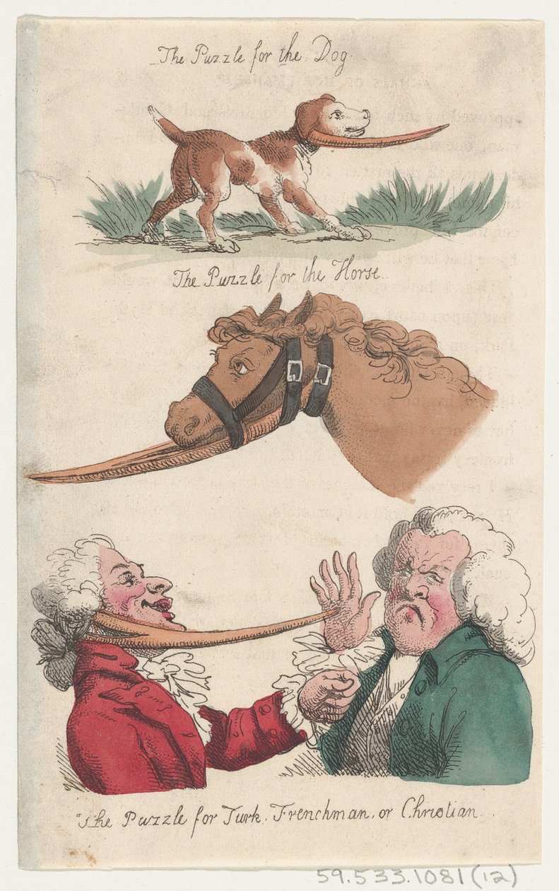 Rejtvény a kutyának, Rejtvény a lónak, Rejtvény töröknek, franciának vagy Chrisnek..., 1808. alkotó: Thomas Rowlandson