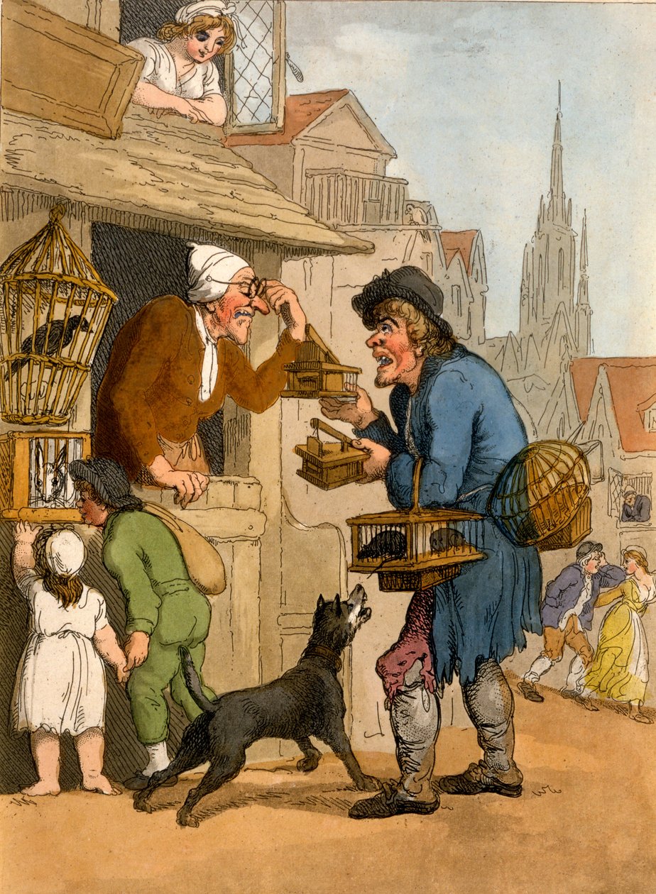 A patkánycsapda eladója a Cries of Londonból, 1799 (kézzel színezett akvatinta) alkotó: Thomas Rowlandson