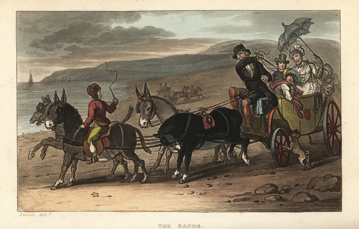 The Sands: turisták egy barouche-ban, amit szamarak rajzoltak a tengerparton. Kézi színű rézmetszet Thomas Rowlandsontól J. Green vázlata után a Poetical Sketches of Scarborough, Ackermann, Londonból alkotó: Thomas Rowlandson