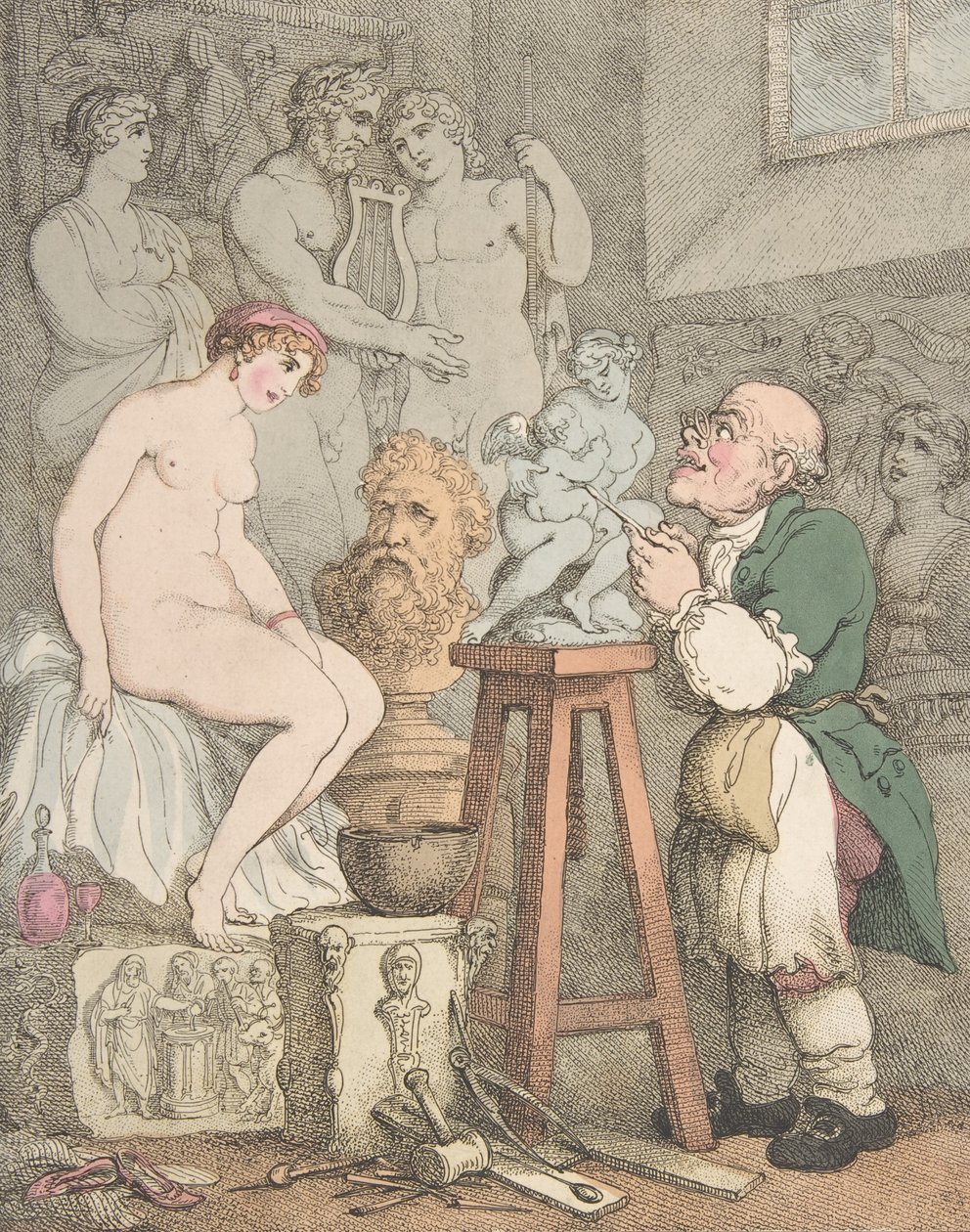 A szobrász [Előkészületek az Akadémiára, Old Joseph Nollekens és Vénusza], kb. 1800., kb. 1800 alkotó: Thomas Rowlandson
