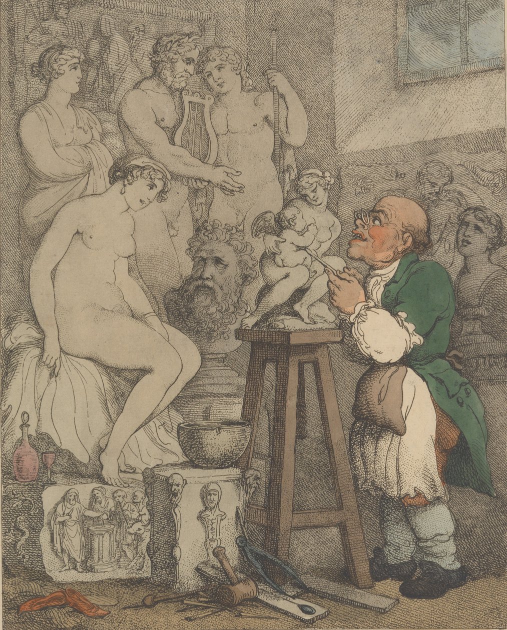 A szobrász [Előkészületek az Akadémiára, Old Joseph Nollekens és Vénusza], kb. 1800., kb. 1800 alkotó: Thomas Rowlandson