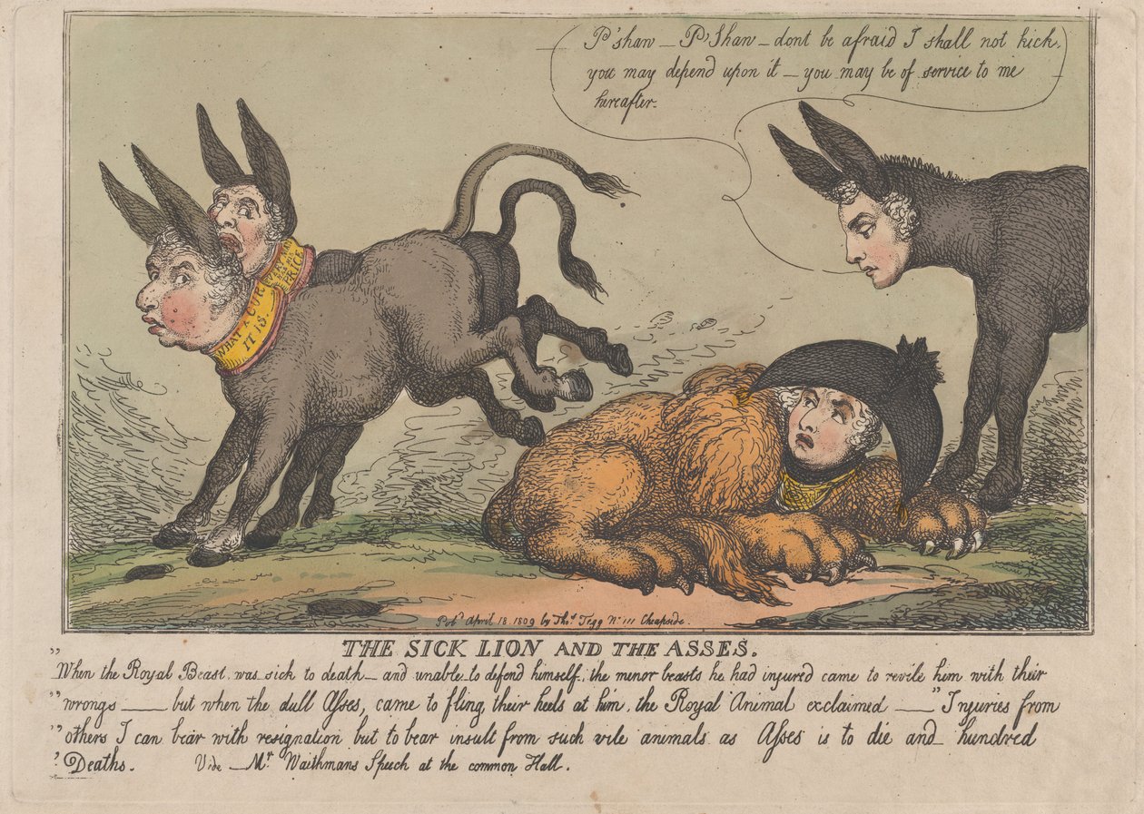 A beteg oroszlán és a szamarak, 1809. április 18., 1809. április 18. alkotó: Thomas Rowlandson