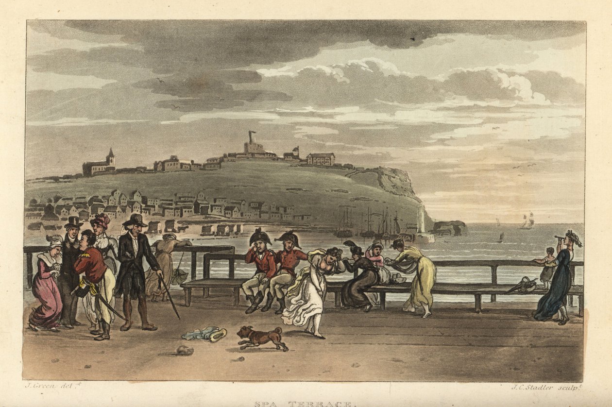 The Spa Terrace: turisták sétálnak egy szeles napon a Cliff Terrace-en. Kézi színű rézmetszet Thomas Rowlandson, akvatinta J. C. Stadler, J. Green vázlata a Poetical Sketches of Scarborough, Ackermann, Londonból alkotó: Thomas Rowlandson