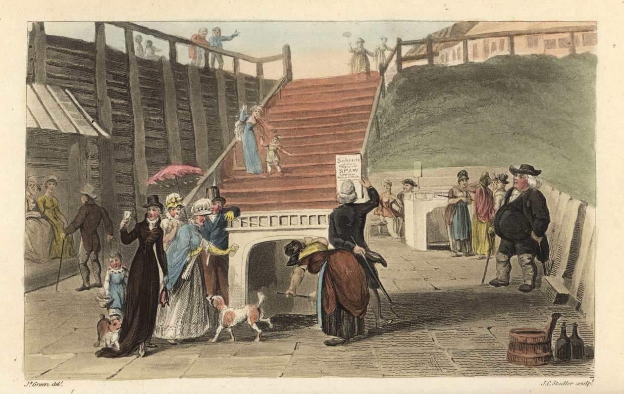 The Spa Wells: Turisták, akik a Scarborough Spaw kútjaiból isszák a fürdővizet. Kézi színű rézmetszet Thomas Rowlandson, akvatinta J. C. Stadler, J. Green vázlata a Poetical Sketches of Scarborough, Ackermann, Londonból alkotó: Thomas Rowlandson