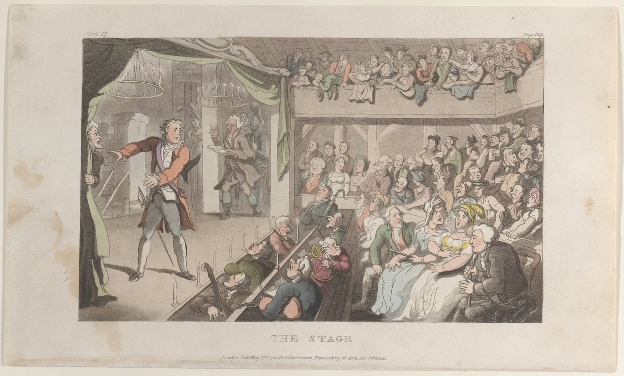 A színpad. George Primrose, mint Horatio, a The Vicar of Wakefieldből, 1817. május 1., 1817. május 1. alkotó: Thomas Rowlandson