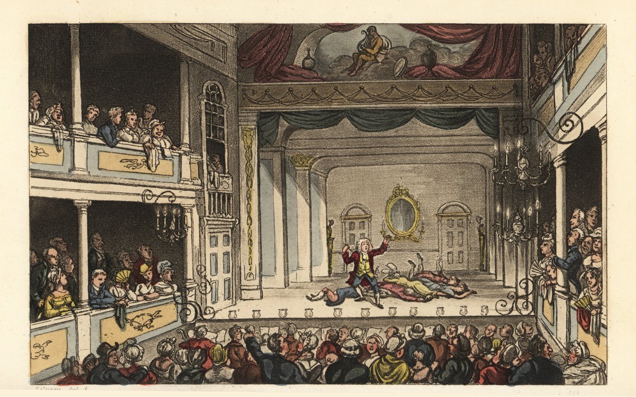 Színház: Turisták, akik egy darabot élveznek a Scarborough Színházban. Kézi színű rézmetszet Thomas Rowlandsontól J. Green vázlata után a Poetical Sketches of Scarborough, Ackermann, Londonból alkotó: Thomas Rowlandson