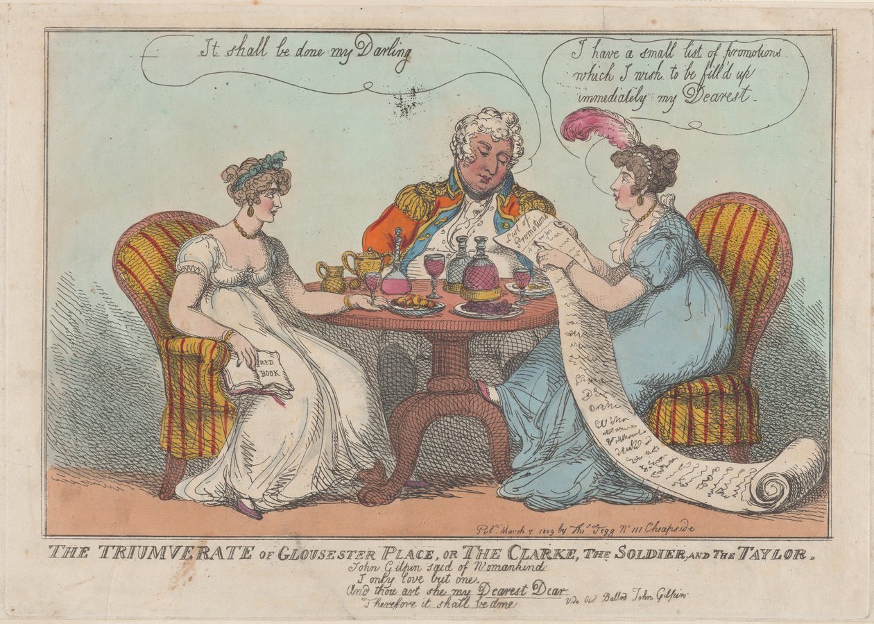 A Gloucester Place triumvirátusa, avagy A Clarke, A katona és a Taylor, 1809., 1809. alkotó: Thomas Rowlandson