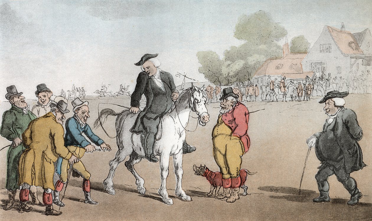 A vikárius eladja a lovát, illusztráció Oliver Goldsmith „The Vicar of Wakefield” című művéből, pub. Ackermann, 1817 (kézzel színezett akvatinta) alkotó: Thomas Rowlandson
