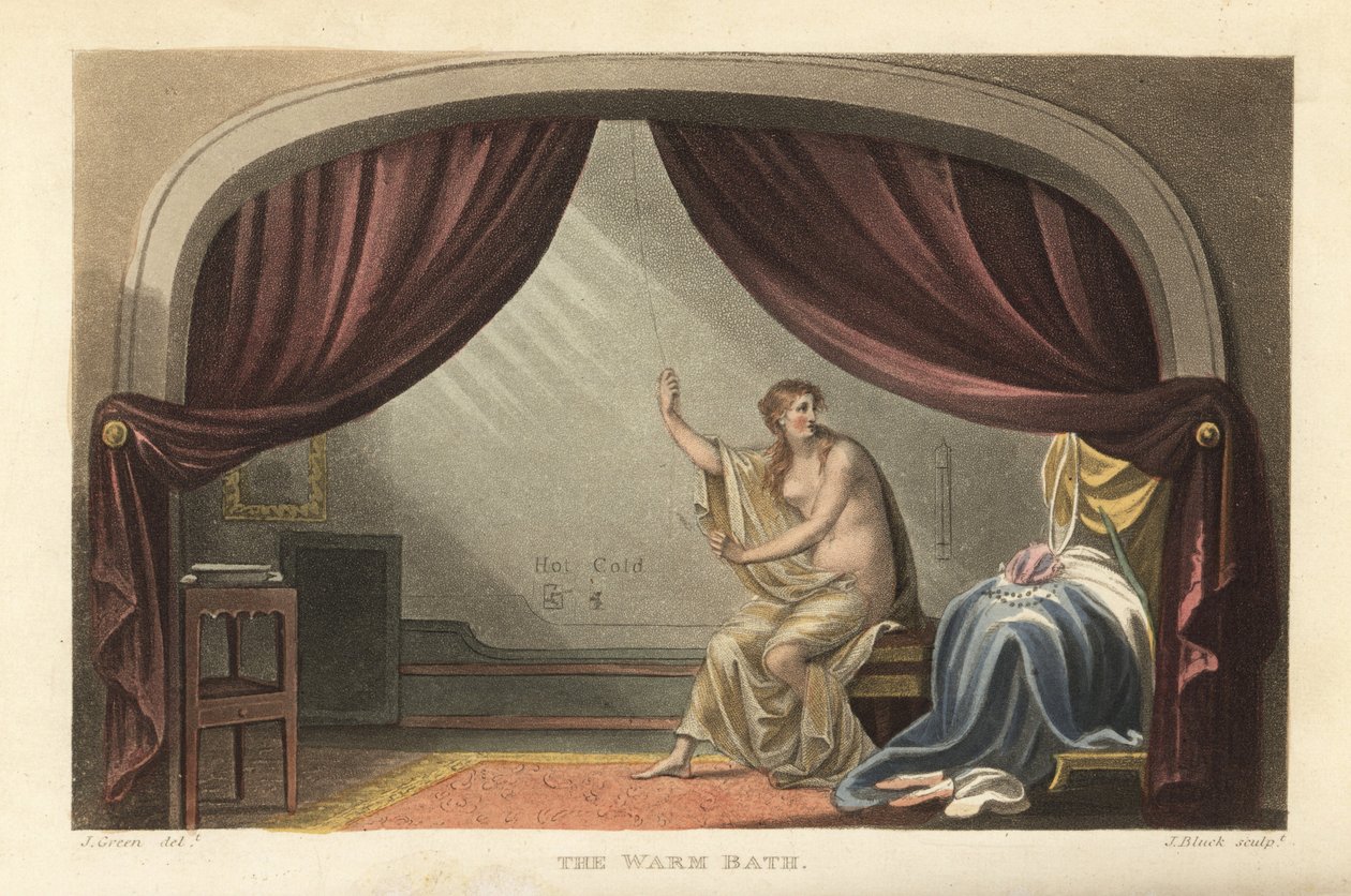 A meleg fürdő: meztelen nő fürdik a függönyök mögött egy Regency szobában. Azt mondják, hogy Mary Robinson, IV. György király szeretője portréja. Kézi színű rézmetszet Thomas Rowlandson, akvatinta J. Bluck, J. Green vázlata P-ből alkotó: Thomas Rowlandson