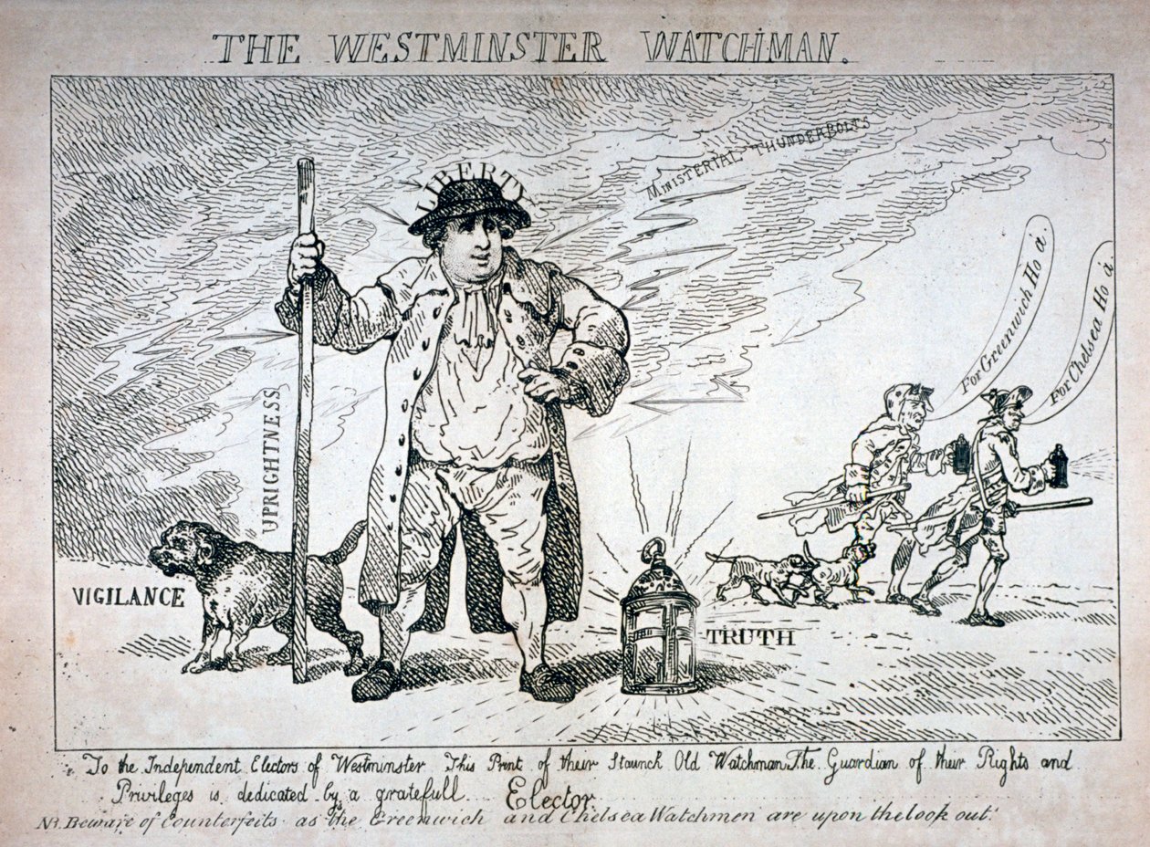"The Westminster Watchman", 1784 alkotó: Thomas Rowlandson