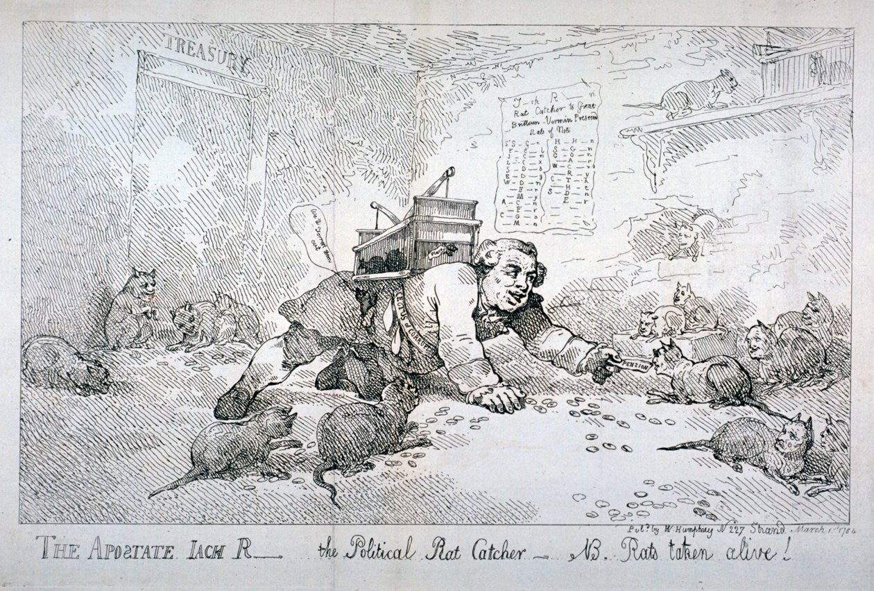 „A hitehagyott Jack R – a politikai patkányfogó – NB. Patkányok élve!”, 1784. alkotó: Thomas Rowlandson