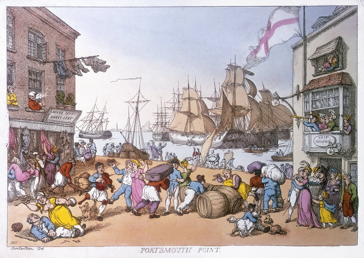Portsmouth kerülete, az angol kikötő tevékenységét bemutató karikatúra alkotó: Thomas Rowlandson