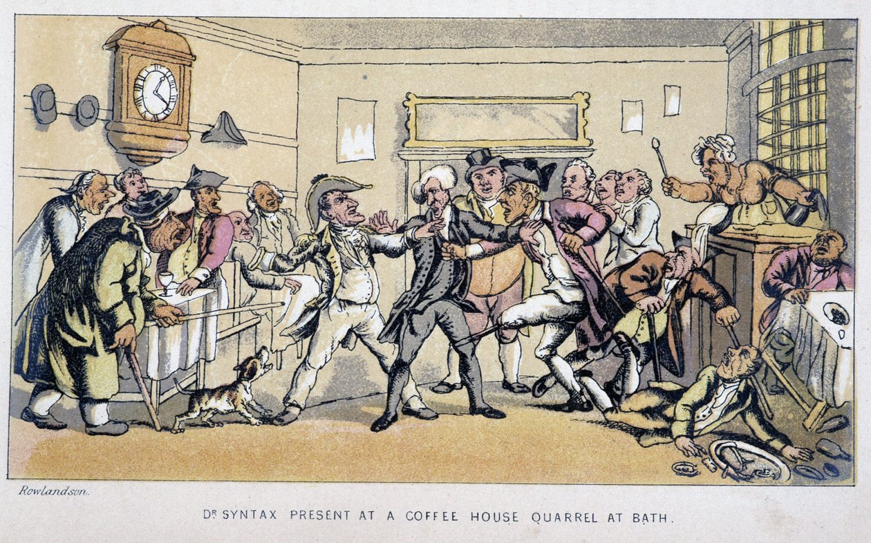 Az orvos egy bisztróban, ahol verekedés tör ki - a „Doktor Syntax három körútján: a festői vigasz és felesége keresésében” William Combe, ill. Rowlandson alkotó: Thomas Rowlandson