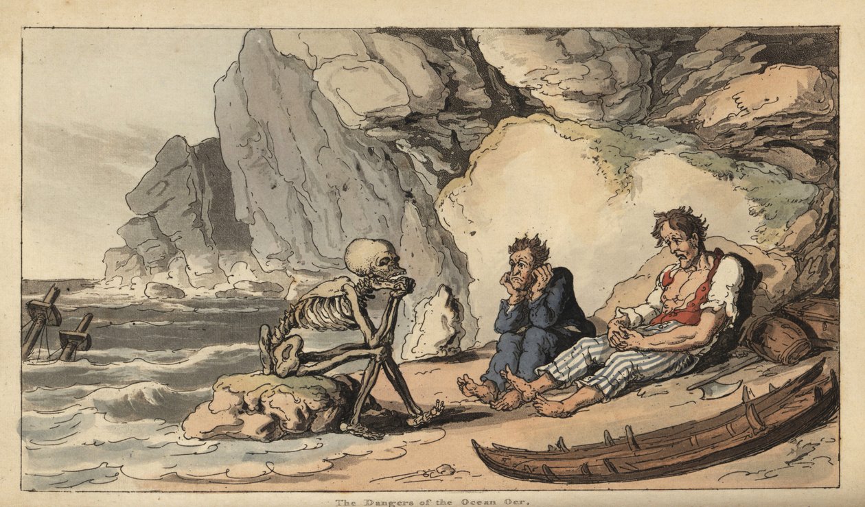 A Halál csontváza egy tengerparton ül két hajótörött matrózsal. Thomas Rowlandson által rajzolt és vésett, kézzel színezett rézlemez az angol haláltáncból, Ackermann, London alkotó: Thomas Rowlandson