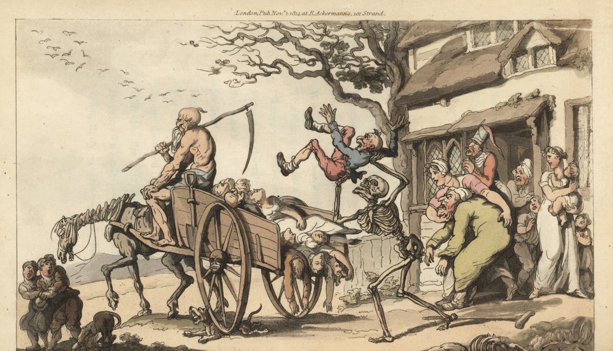 A Halál és az öreg csontváza Ideje elvinni Goody Barton öreg férjét, de a szekér már túlságosan tele van holttestekkel. Thomas Rowlandson által rajzolt és vésett, kézzel színezett rézlemez az angol haláltáncból, Ackermann, London alkotó: Thomas Rowlandson