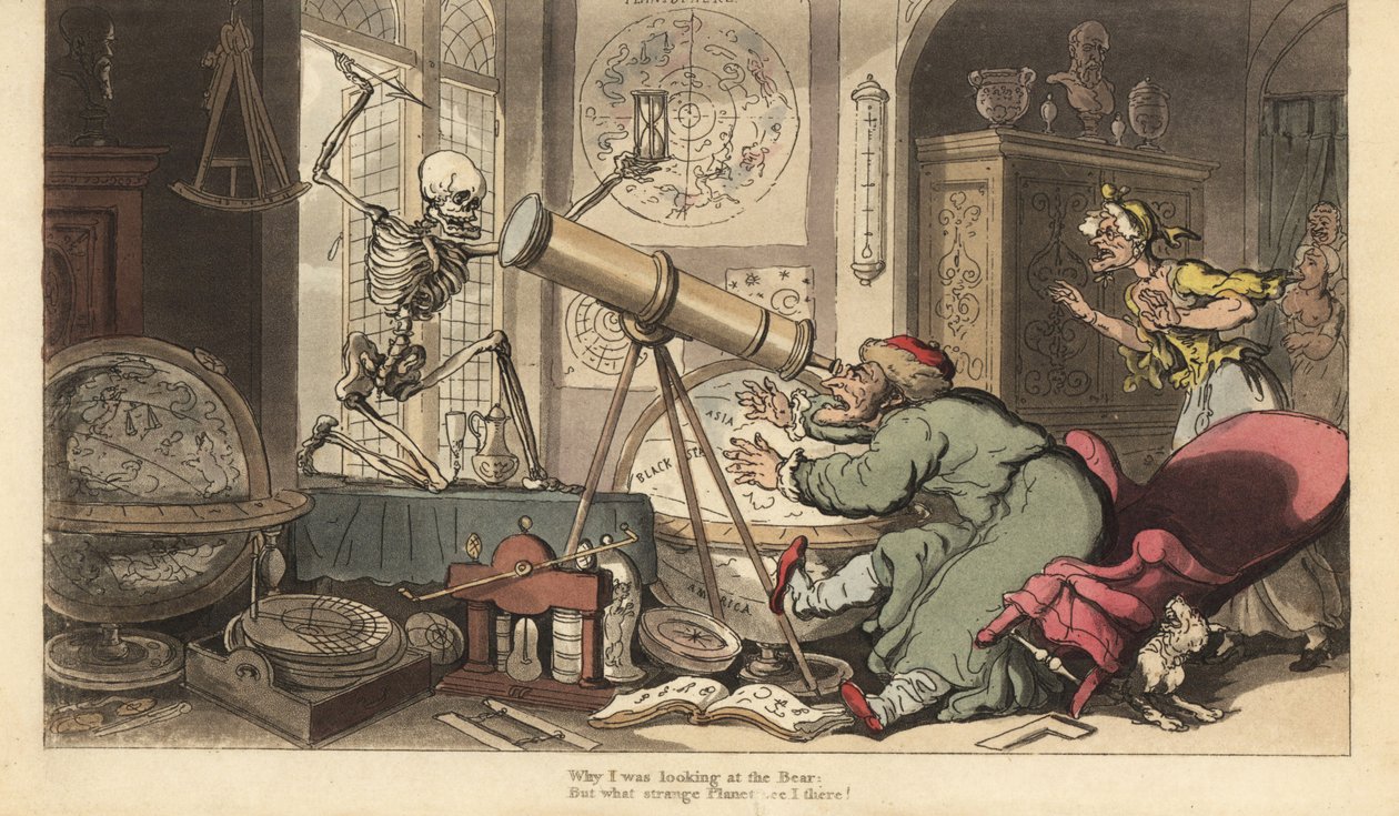 A Halál csontváza megjelenik az öreg csillagász teleszkópja előtt, amitől leesik a székről. Thomas Rowlandson által rajzolt és vésett, kézzel színezett rézlemez az angol haláltáncból, Ackermann, London alkotó: Thomas Rowlandson