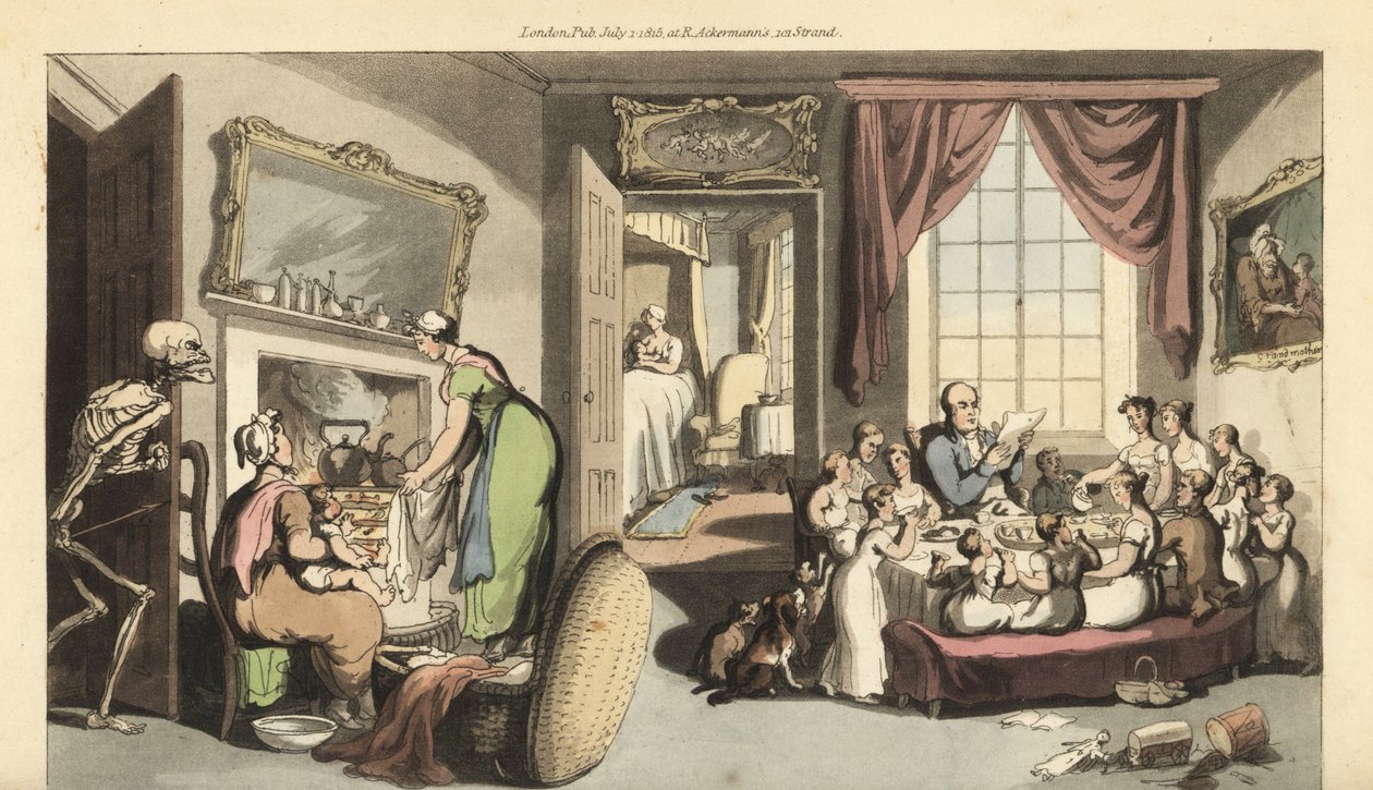 A Halál csontváza megjelenik egy nagycsalád nappalijában, hogy elvigyen egy gyermeket vagy újszülöttet. Thomas Rowlandson által rajzolt és vésett, kézzel színezett rézlemez az angol haláltáncból, Ackermann, London alkotó: Thomas Rowlandson