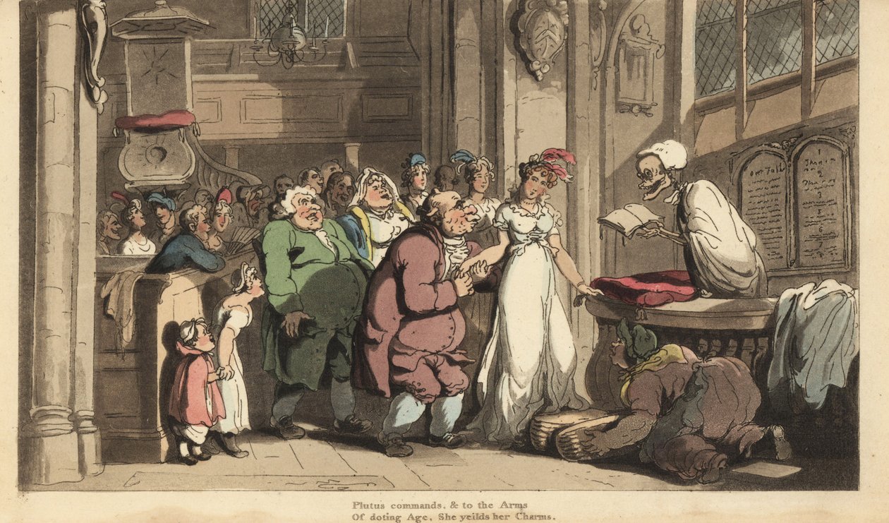 A Halál csontváza egy fiatal nő és egy csúnya öregember esküvőjét ünneplő papként. Thomas Rowlandson által rajzolt és vésett, kézzel színezett rézlemez az angol haláltáncból, Ackermann, London alkotó: Thomas Rowlandson
