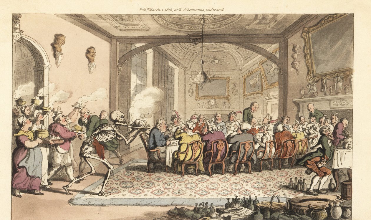 A Halál csontváza egy végzetes Dainty Dish-t visz egy torkos lakomára egy nagyteremben. Thomas Rowlandson által rajzolt és vésett, kézzel színezett rézlemez az angol haláltáncból, Ackermann, London alkotó: Thomas Rowlandson