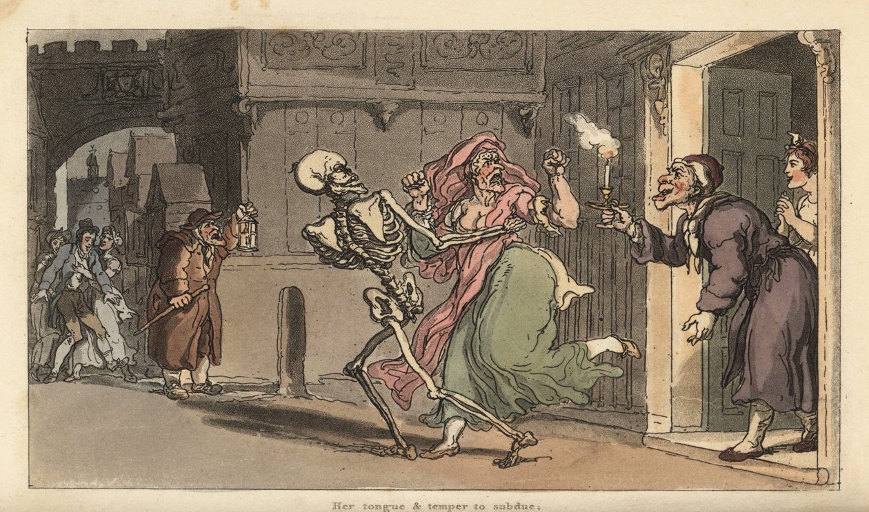 A Halál csontváza egy Virago-t visz ki egy házból, miközben egy lámpás éjjeliőr néz rá. Thomas Rowlandson által rajzolt és vésett, kézzel színezett rézlemez az angol haláltáncból, Ackermann, London alkotó: Thomas Rowlandson