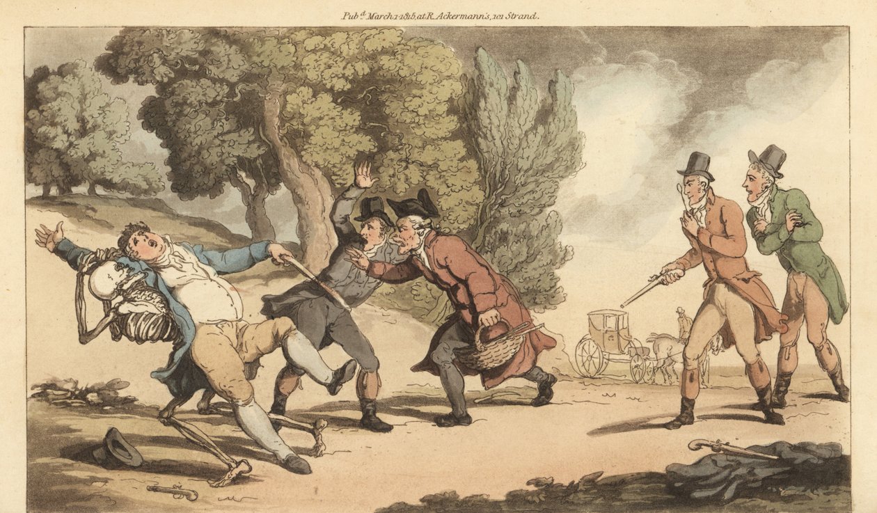 A Halál csontváza elhurcol egy sebesültet, mielőtt az orvos megvárhatná egy pisztolypárbaj után egy parkban. Thomas Rowlandson által rajzolt és vésett, kézzel színezett rézlemez az angol haláltáncból, Ackermann, London alkotó: Thomas Rowlandson