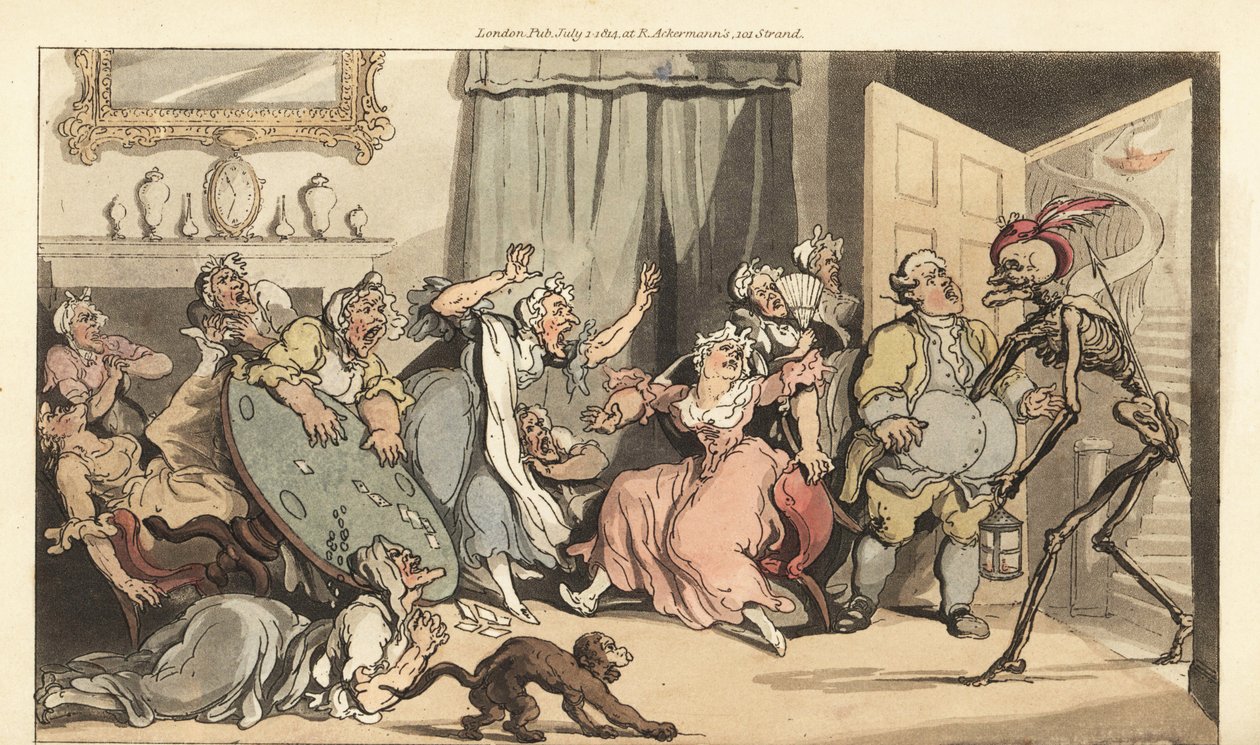 A Halál csontváza Miss Mustardhoz érkezik, az egyik szalonban kártyázó öreg Maiden Ladieshez. Thomas Rowlandson által rajzolt és vésett, kézzel színezett rézlemez az angol haláltáncból, Ackermann, London alkotó: Thomas Rowlandson