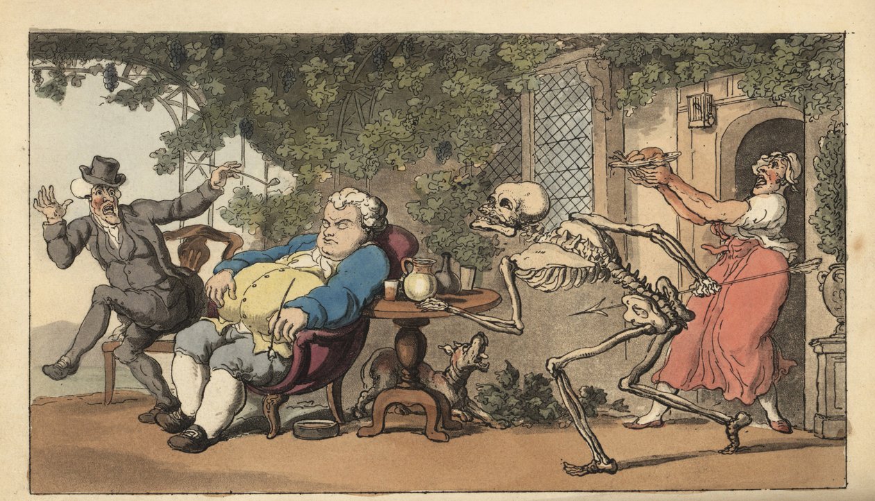 A Halál csontváza Tom Higginshez érkezik, egy kőműves legényhez, aki lejárt, és egy fogadó előtt várt egy ételre. Thomas Rowlandson által rajzolt és vésett, kézzel színezett rézlemez az angol haláltáncból, Ackermann, London alkotó: Thomas Rowlandson