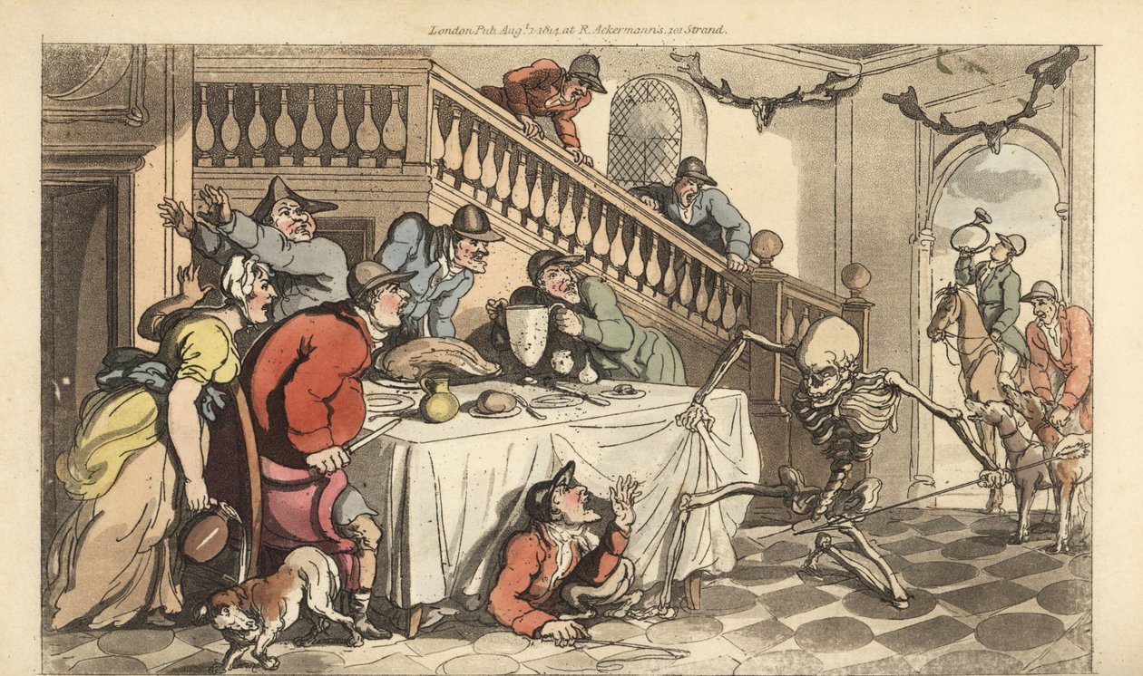 A Halál csontváza egy vadászért érkezik, amint egy asztal alá bújik rókavadászat után. Thomas Rowlandson által rajzolt és vésett, kézzel színezett rézlemez az angol haláltáncból, Ackermann, London alkotó: Thomas Rowlandson