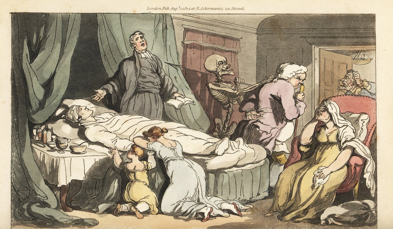 A Halál csontváza a Doktorért érkezik, miközben a pap egy Jóember holttestéért imádkozik, akit felesége és gyermeke gyászol. Thomas Rowlandson által rajzolt és vésett, kézzel színezett rézlemez az angol haláltáncból, Ackermann, London alkotó: Thomas Rowlandson