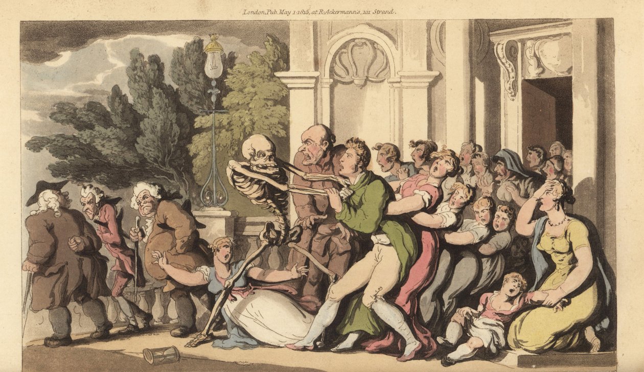 A Halál csontváza a gallérjánál ragadja meg az apát, miközben felesége és gyermekei kétségbeesetten próbálják megmenteni. Thomas Rowlandson által rajzolt és vésett, kézzel színezett rézlemez az angol haláltáncból, Ackermann, London alkotó: Thomas Rowlandson