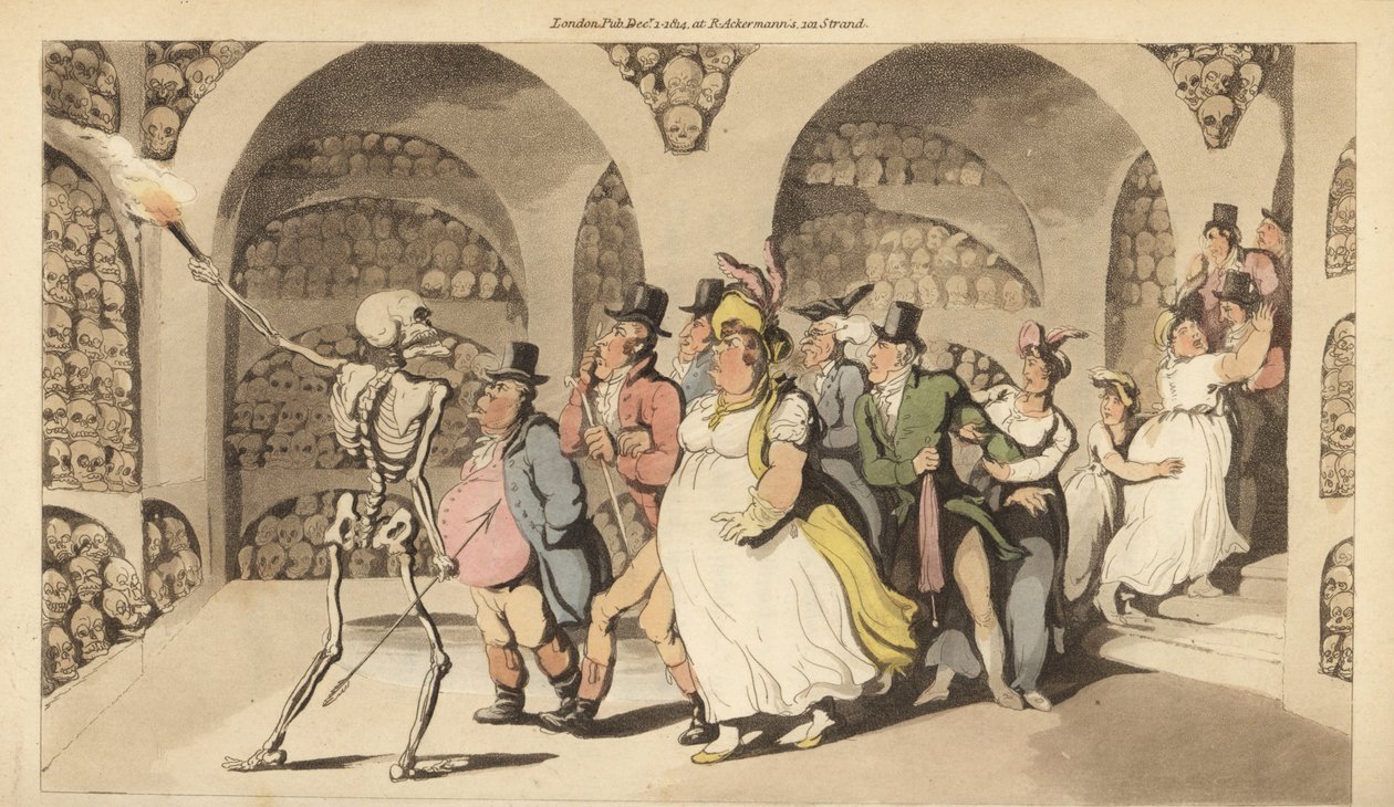 A Halál csontváza egy turistacsoportot vezet végig a párizsi katakombákon. Thomas Rowlandson által rajzolt és vésett, kézzel színezett rézlemez az angol haláltáncból, Ackermann, London alkotó: Thomas Rowlandson