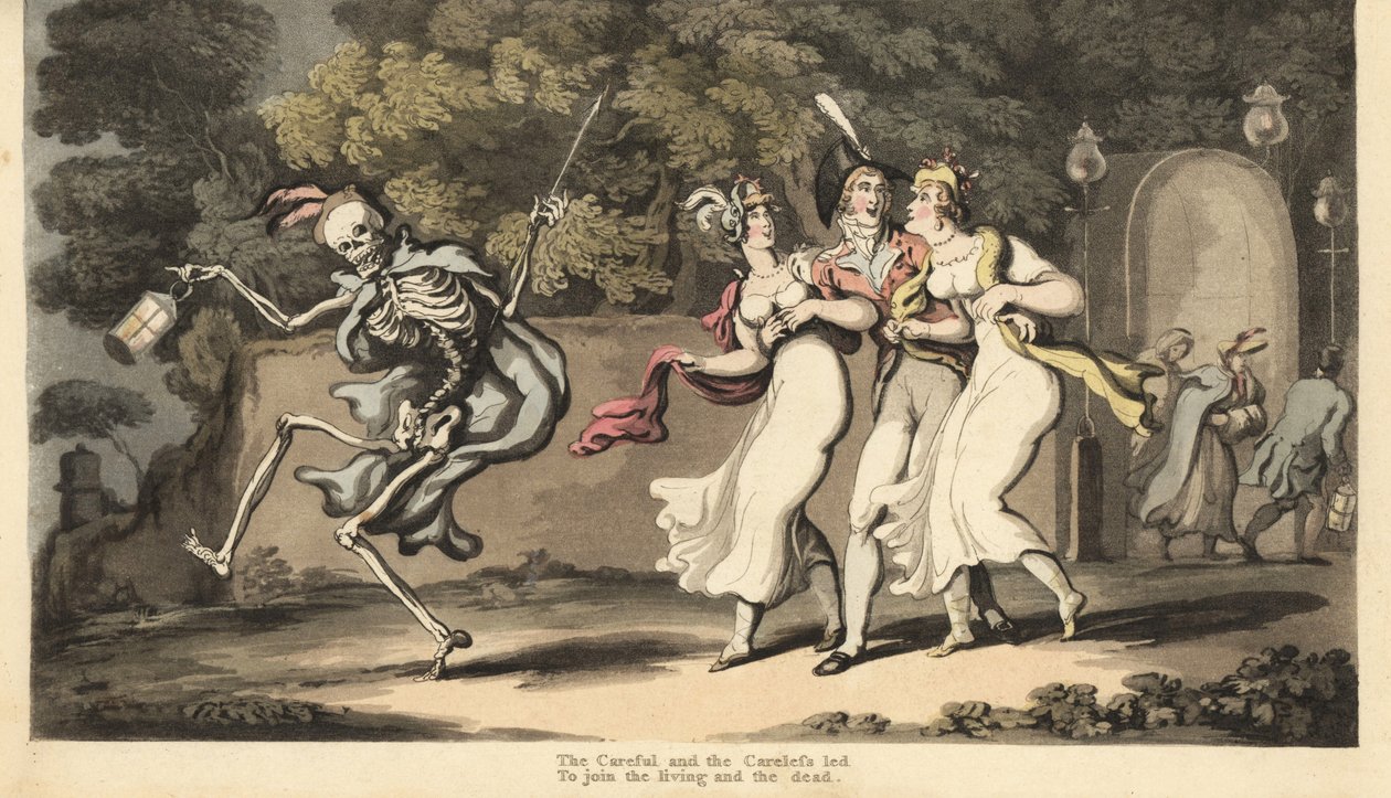 A Halál csontváza köpenyben és sapkában lámpással táncol egy egyenruhás dandy és két muszlinruhás és kendős szépség előtt. A gondatlan és óvatos. Thomas Rowlandson által rajzolt és vésett, kézzel színezett rézlemez az angol haláltáncból alkotó: Thomas Rowlandson