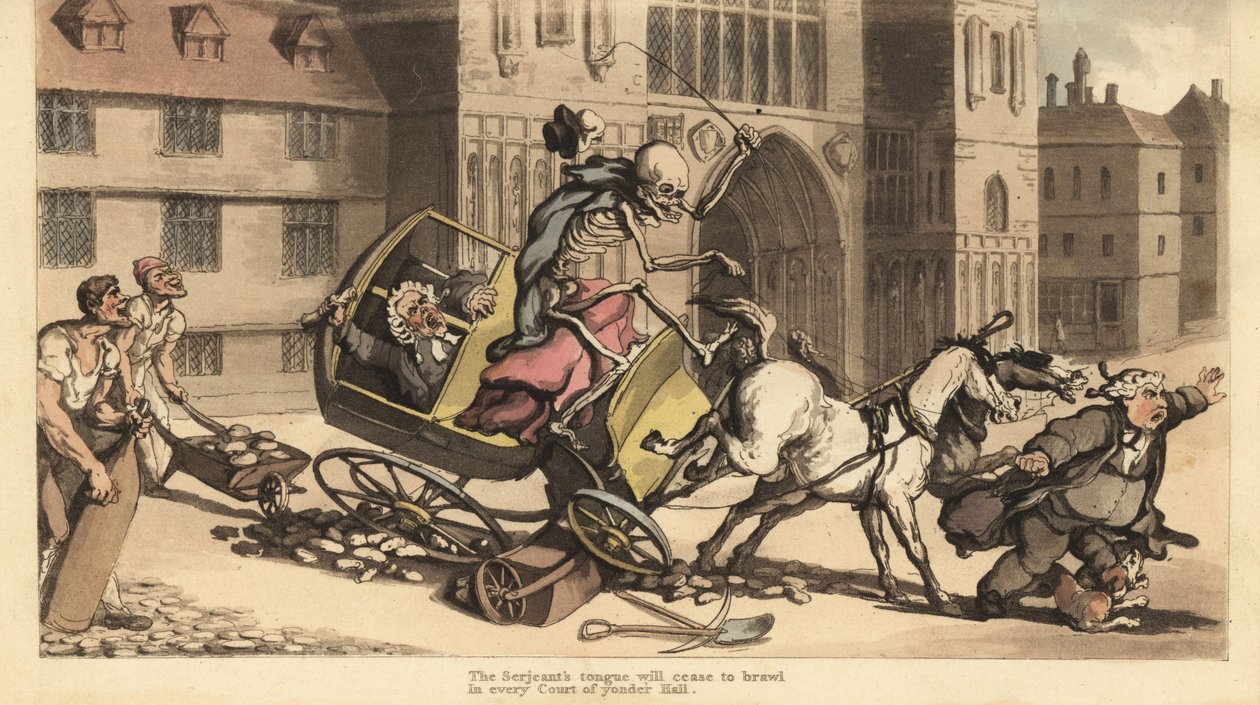 A Halál köpenyes és sapkás csontváza egy kétlovas kocsit hajt, amint nekiütközik az útépítésnek, megölve utasát, egy bírósági tisztet. Thomas Rowlandson által rajzolt és vésett, kézzel színezett rézlemez az angol haláltáncból, Ackermann, London alkotó: Thomas Rowlandson
