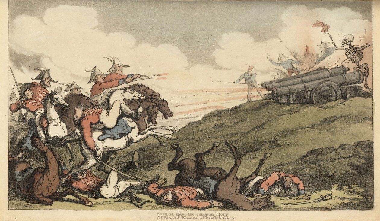 A Halál csontváza ágyútűzet indít egy angol lovassági rohamra. Thomas Rowlandson által rajzolt és vésett, kézzel színezett rézlemez az angol haláltáncból, Ackermann, London alkotó: Thomas Rowlandson
