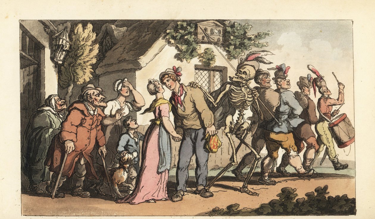 A Halál csontváza egy fiatal toborzót vezet a hadsereghez, hátrahagyva lányát és családját. Thomas Rowlandson által rajzolt és vésett, kézzel színezett rézlemez az angol haláltáncból, Ackermann, London alkotó: Thomas Rowlandson