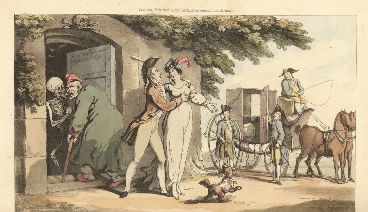 A Halál csontváza egy idős férfit egy mauzóleumba vezet, így fiatal özvegye szabadon házasodhat újra. Thomas Rowlandson által rajzolt és vésett, kézzel színezett rézlemez az angol haláltáncból, Ackermann, London alkotó: Thomas Rowlandson