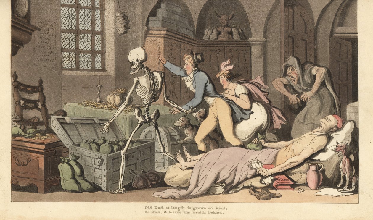 A Halál csontváza a kapzsi gyerekeket egy fösvény aranyládájához vezeti, aki holtan fekszik az ágyon, végrendeletet és pénzeszsákot szorongatva. Thomas Rowlandson által rajzolt és vésett, kézzel színezett rézlemez az angol haláltáncból, Ackermann, London alkotó: Thomas Rowlandson