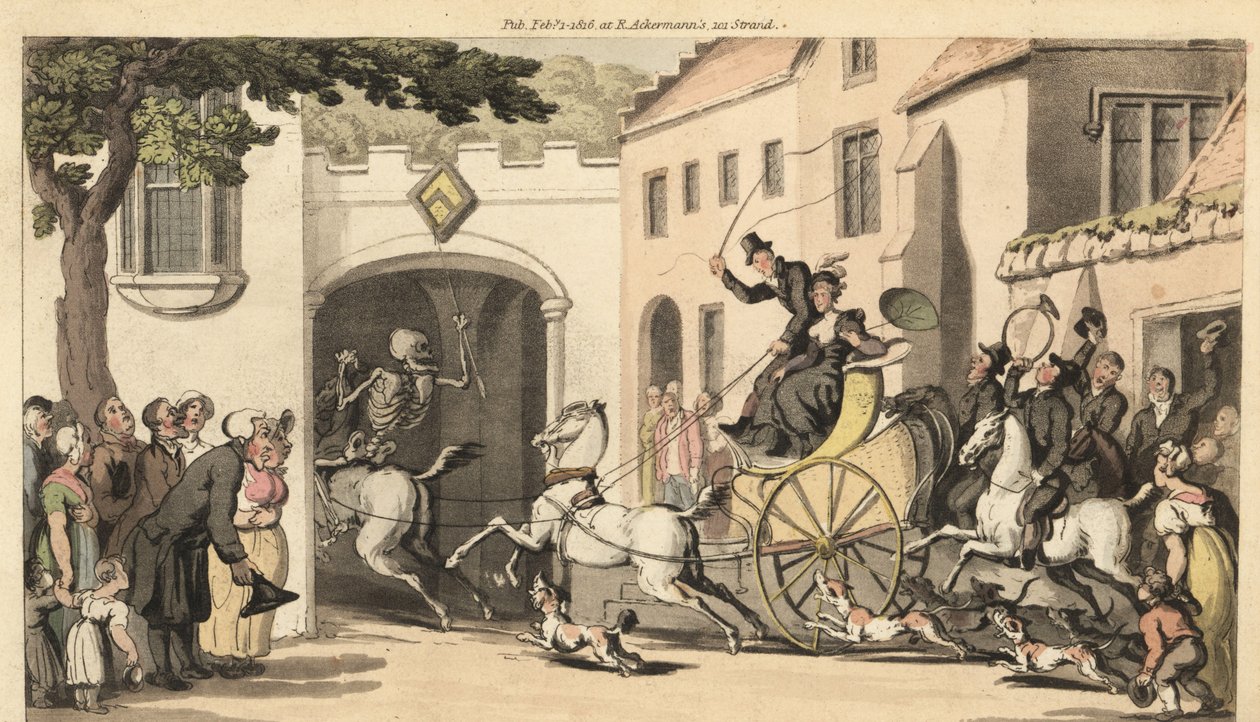 A Halál csontváza egy magas tandem előtt halad, és egy alacsony ív alatt viszi végzete következő örökösét. Thomas Rowlandson által rajzolt és vésett, kézzel színezett rézlemez az angol haláltáncból, Ackermann, London alkotó: Thomas Rowlandson